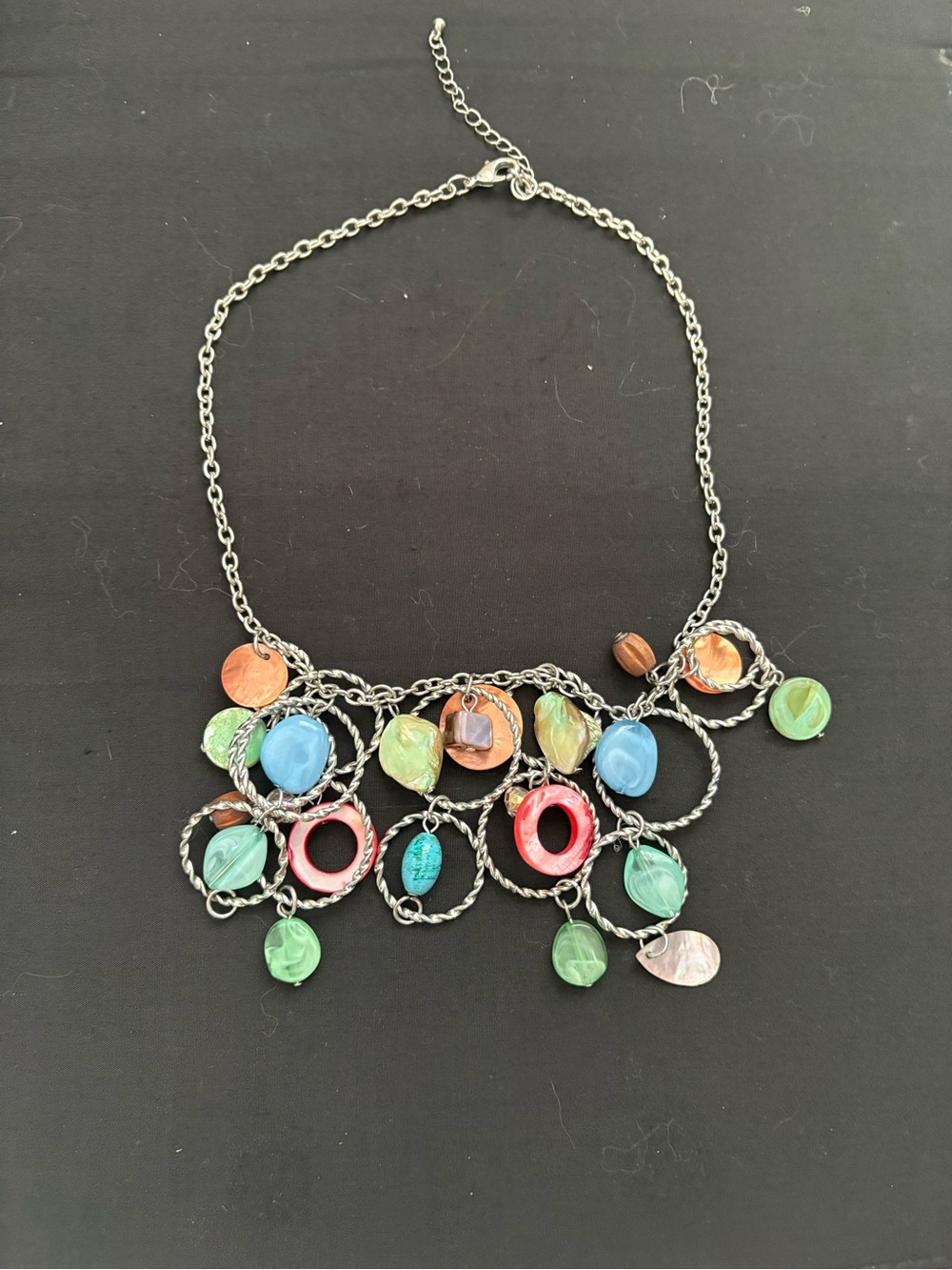 Colorful Multi-Disk Statement Necklace - Green, Blue, Coral Accents